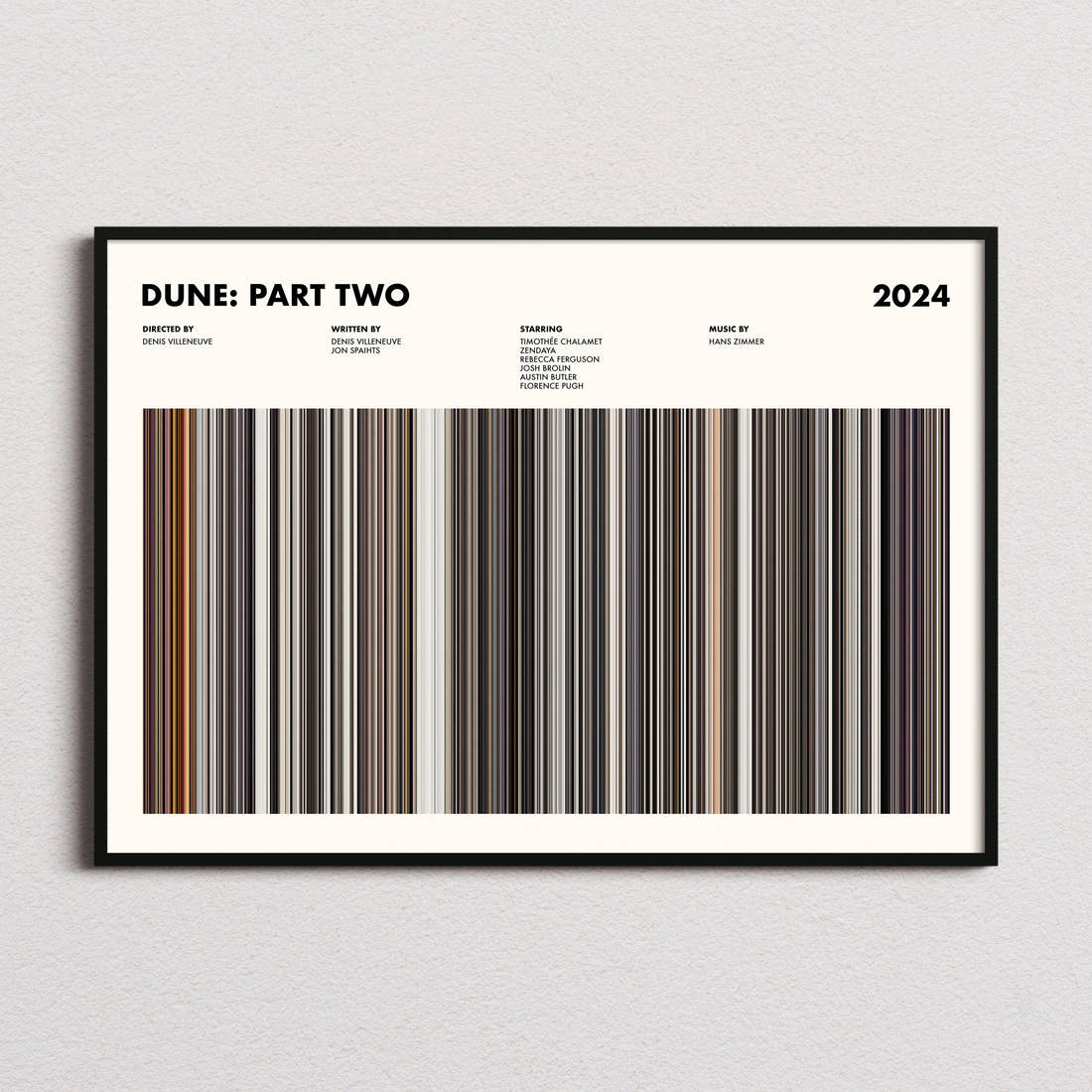 Dune: Part Two Movie Barcode Poster framed and photographed straight on