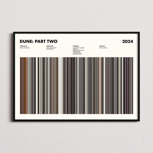Dune: Part Two Movie Barcode Poster framed and photographed straight on