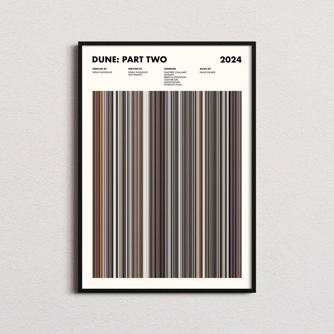 Dune: Part Two Movie Barcode Poster framed on a plain studio wall