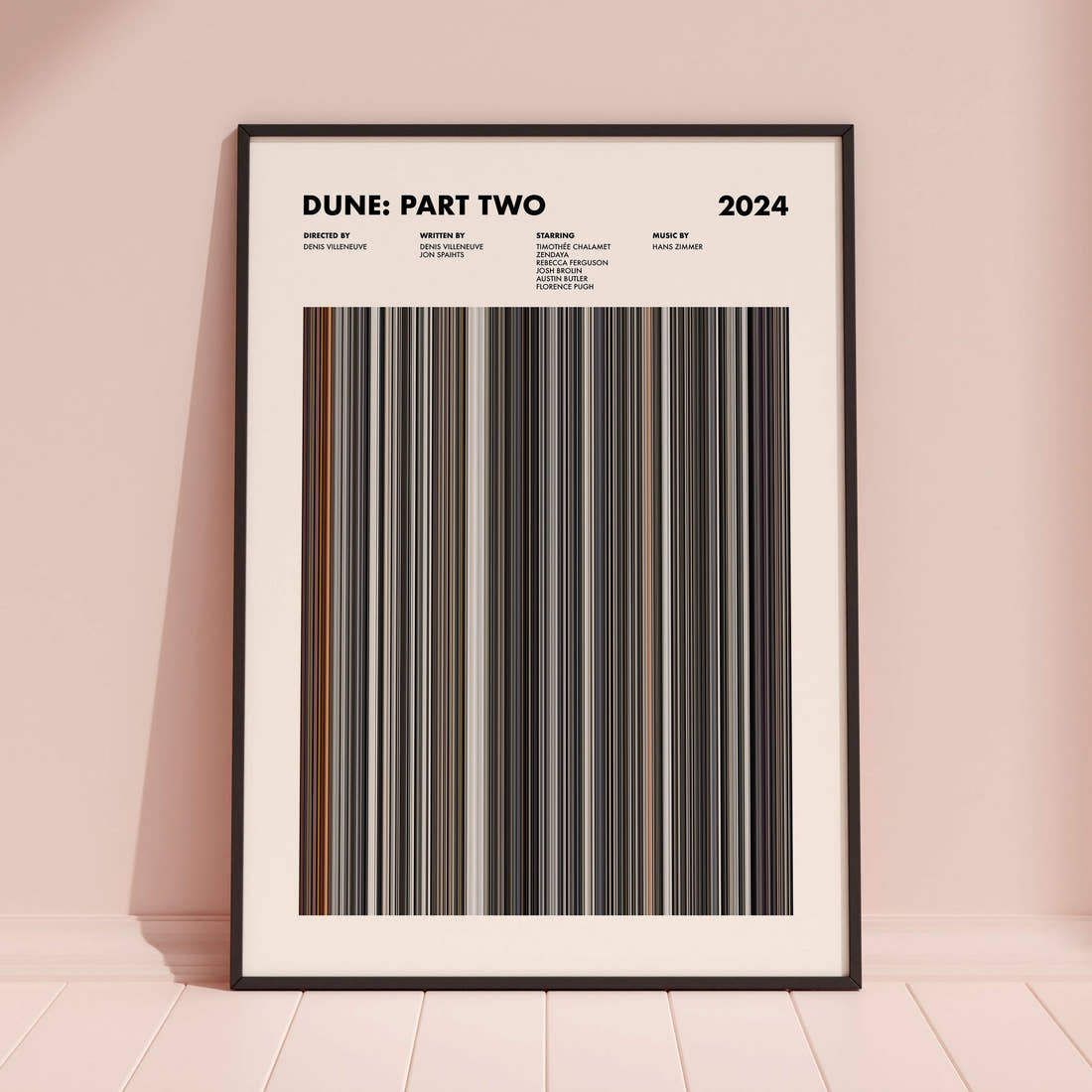 Dune: Part Two Movie Barcode Poster framed and leaning against a coloured wall