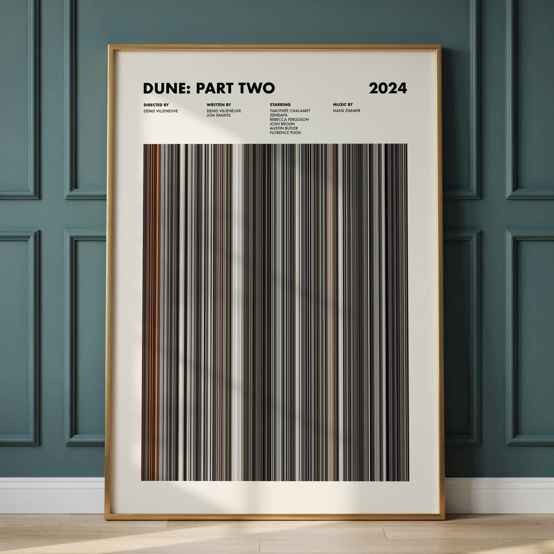 Dune: Part Two Movie Barcode Poster framed and leaning against a panelled wall