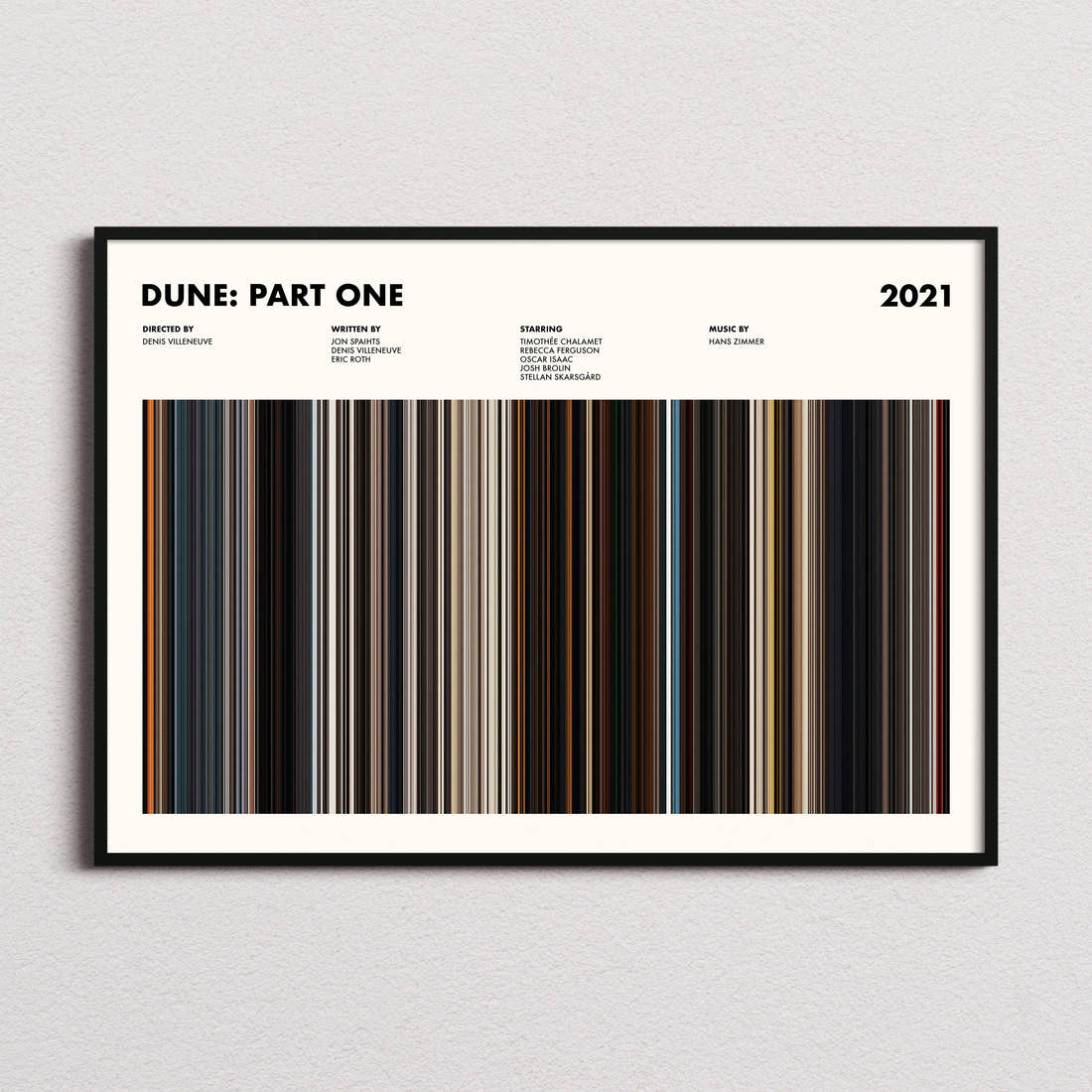 Dune: Part One Movie Barcode Poster framed and photographed straight on