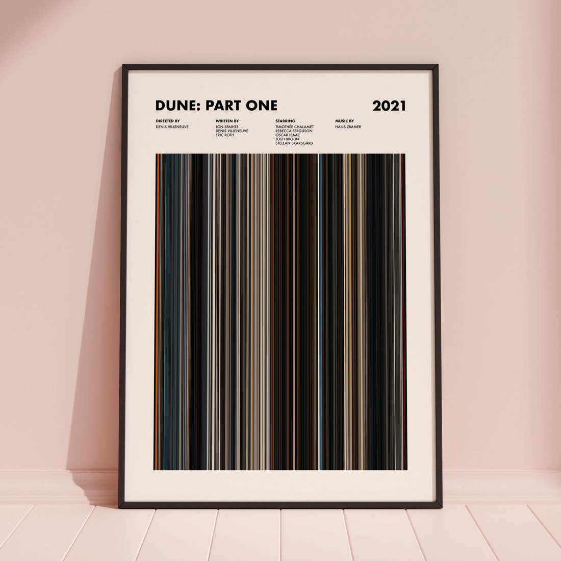 Dune: Part One Movie Barcode Poster framed and leaning against a coloured wall