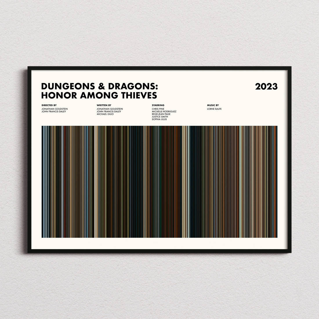 Dungeons and Dragons Honor Among Thieves Movie Barcode Poster framed and photographed straight on