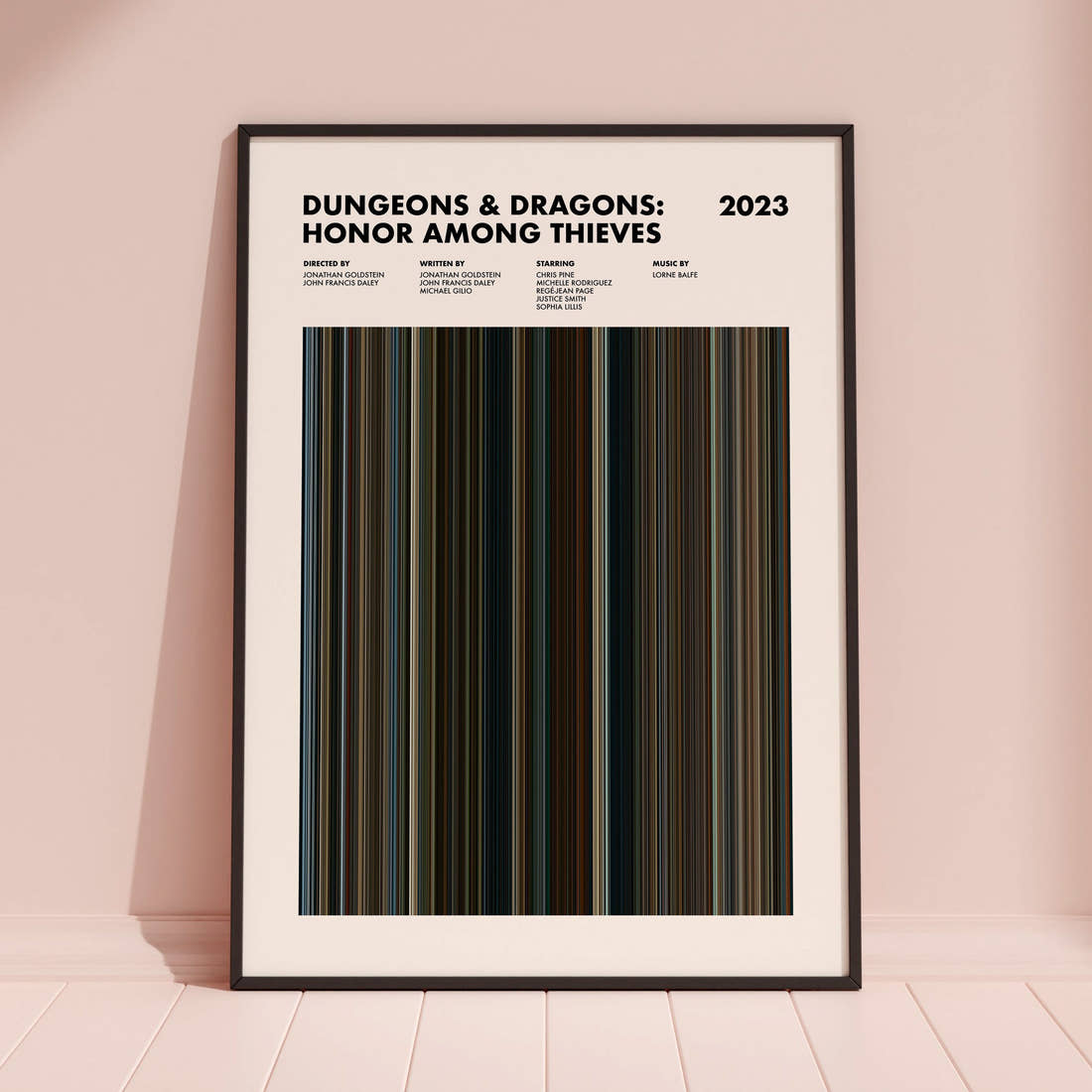 Dungeons and Dragons Honor Among Thieves Movie Barcode Poster framed and leaning against a coloured wall