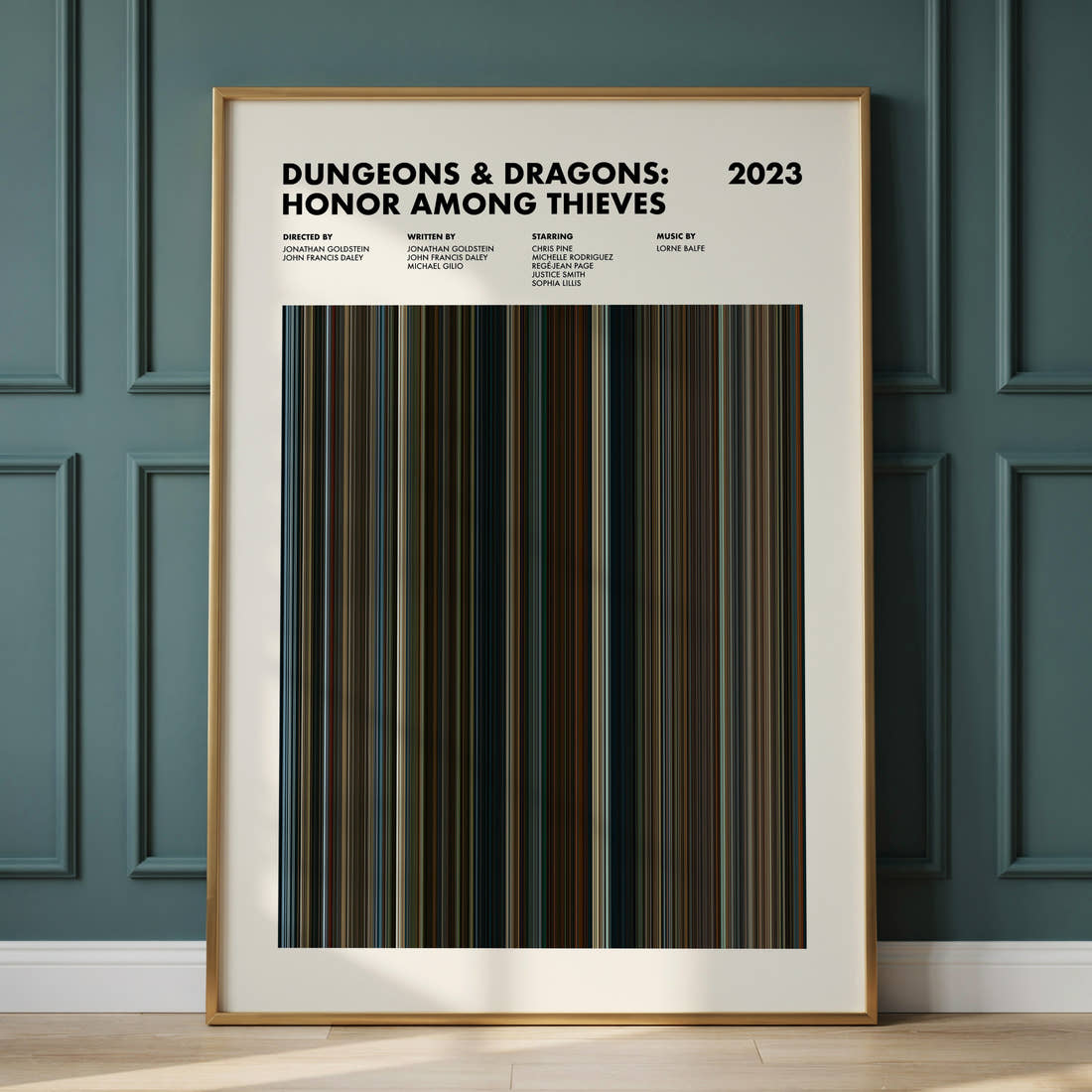 Dungeons and Dragons Honor Among Thieves Movie Barcode Poster framed and leaning against a panelled wall