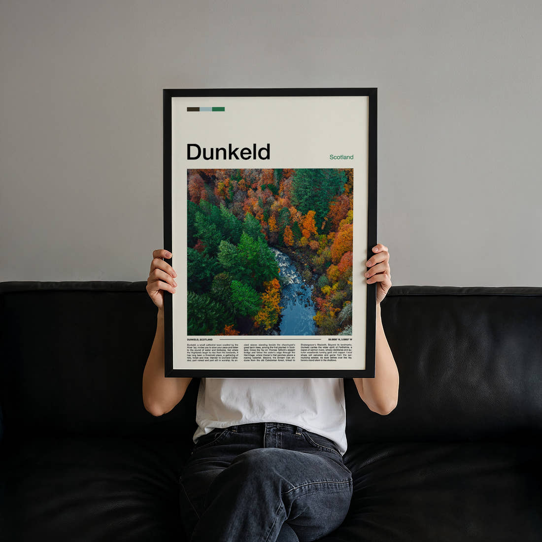Dunkeld Autumn Forest River Travel Print held up by hand to show the size of the print