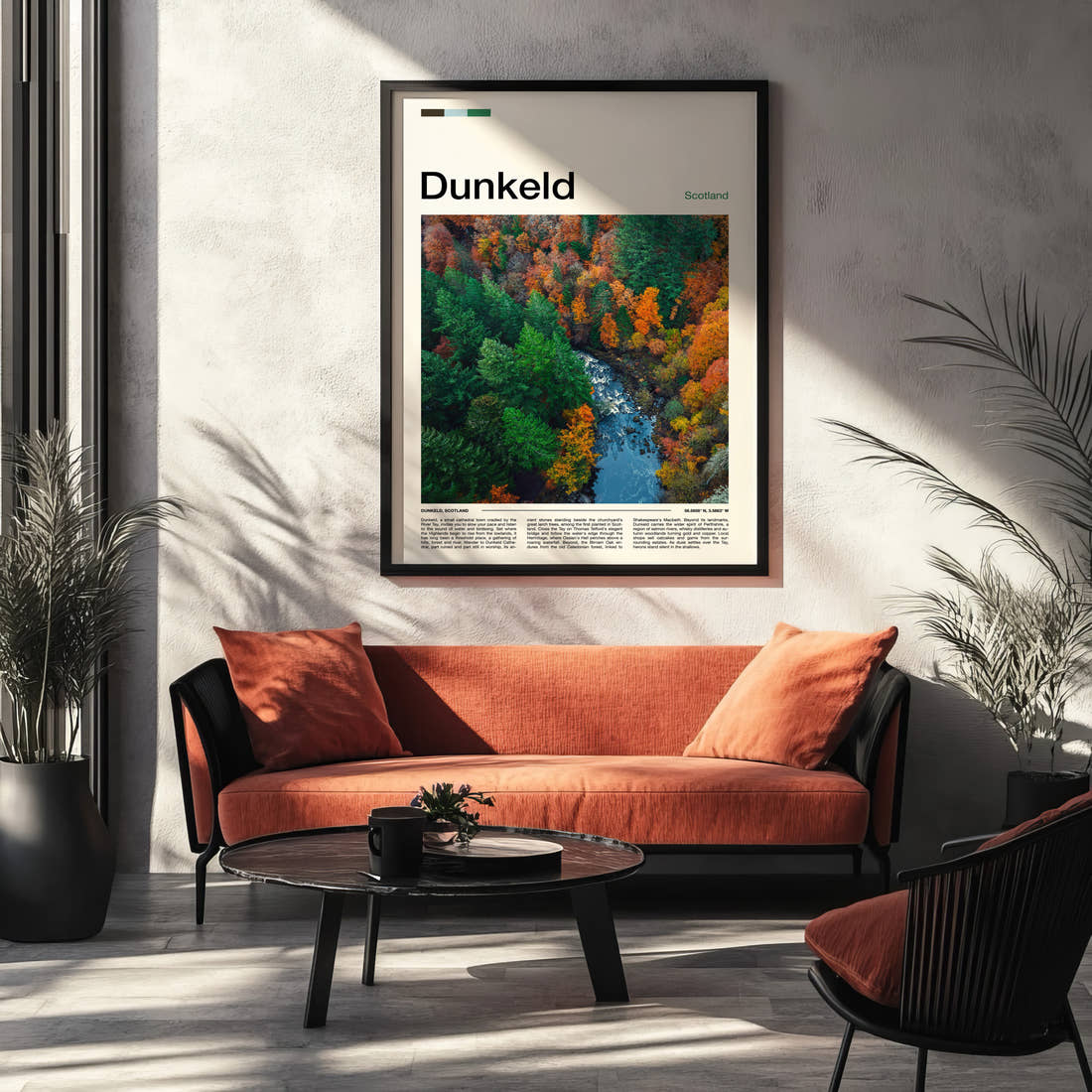 Dunkeld Autumn Forest River Travel Print framed on the wall of a modern living room