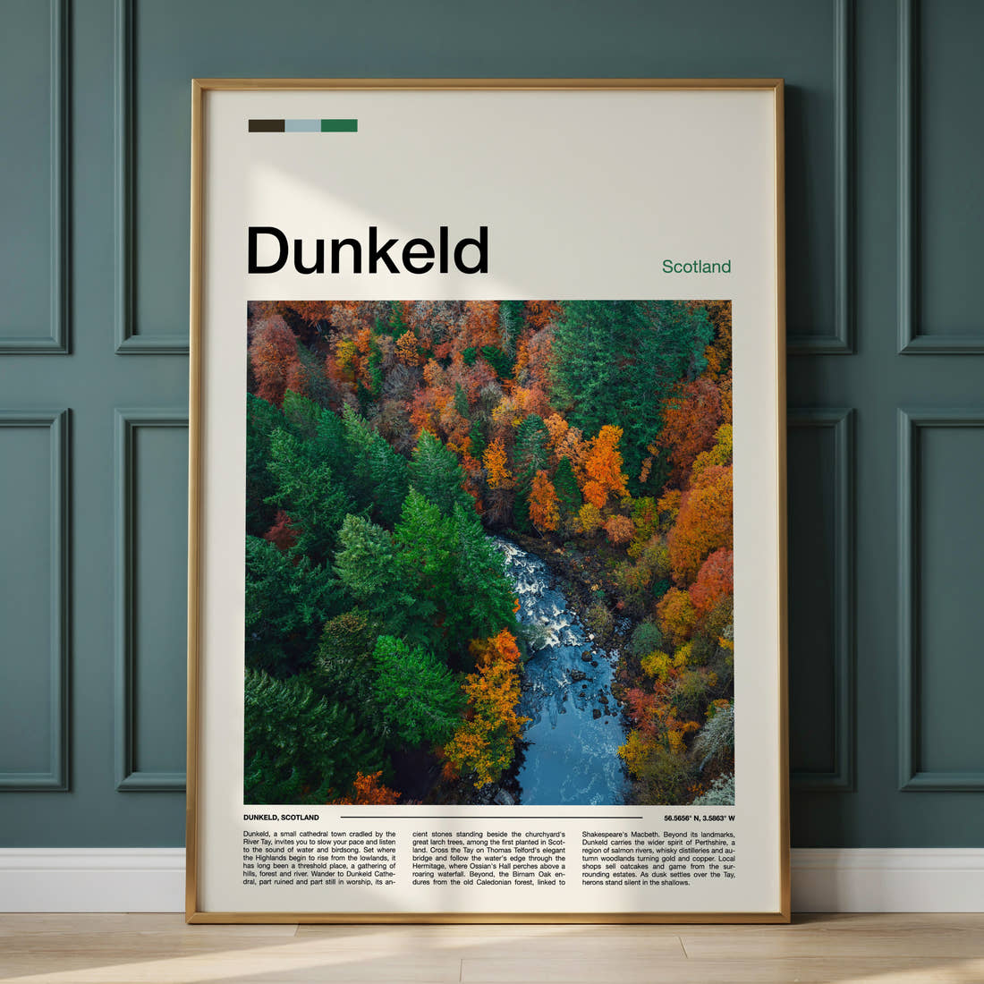 Dunkeld Autumn Forest River Travel Print framed on the wall of a calm, neutral bedroom