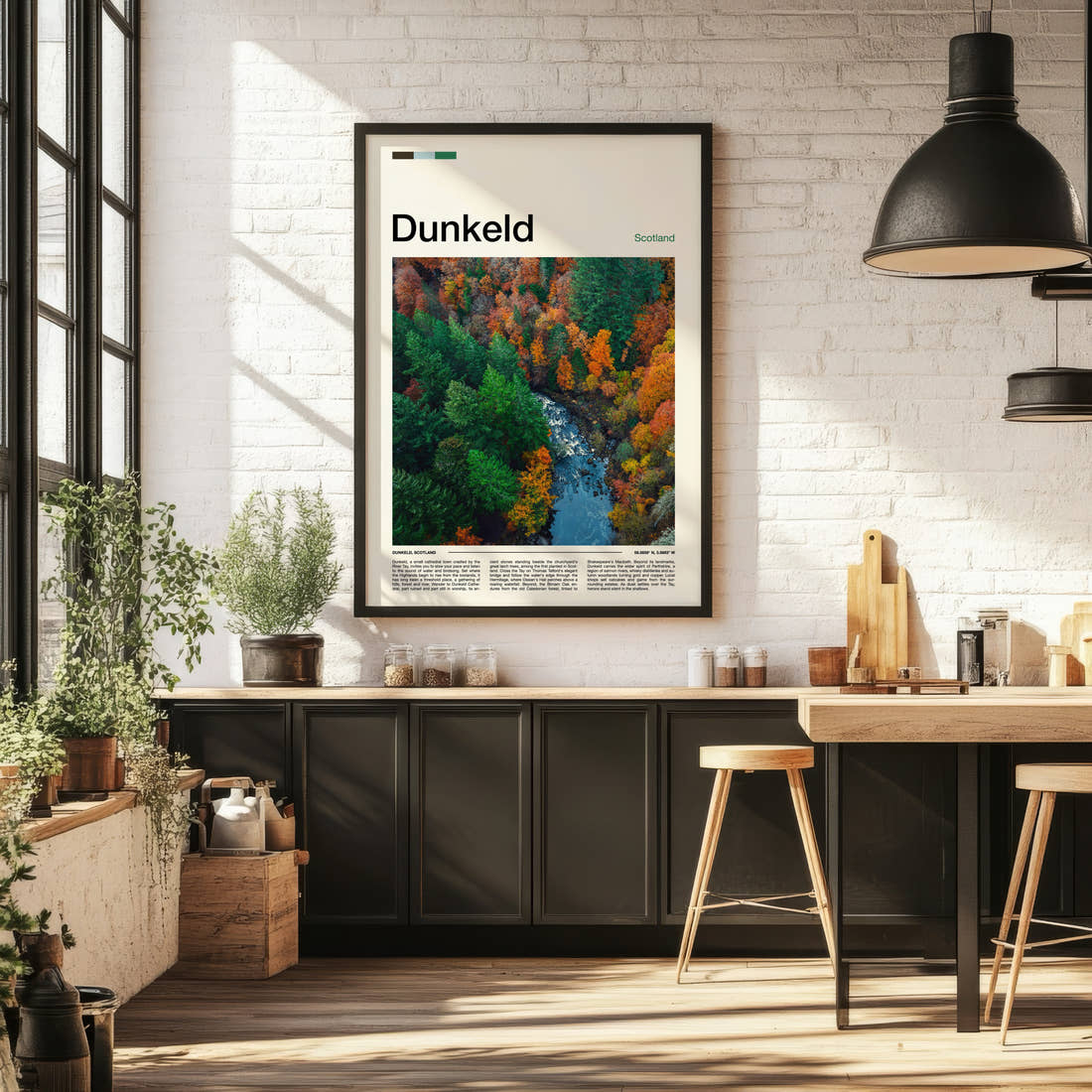Dunkeld Autumn Forest River Travel Print framed on the wall of a bright kitchen and dining space