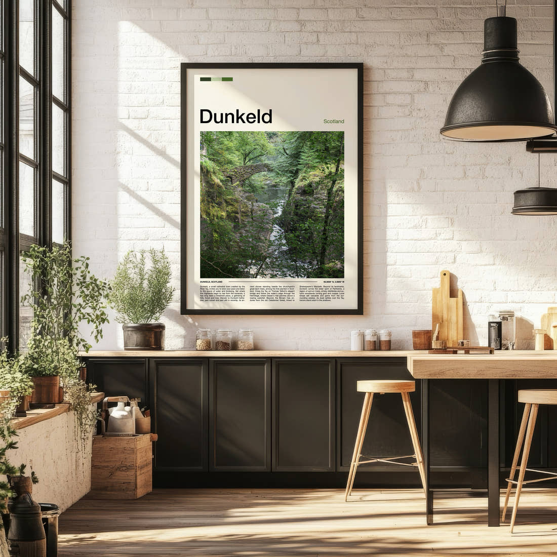 Dunkeld Mossy Gorge Bridge Travel Print framed on the wall of a bright kitchen and dining space