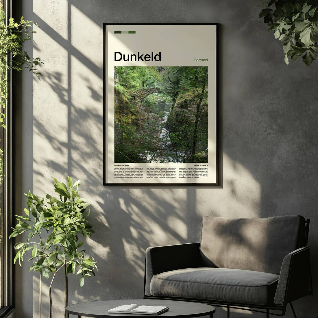 Dunkeld Mossy Gorge Bridge Travel Print framed on the wall of a relaxed living room