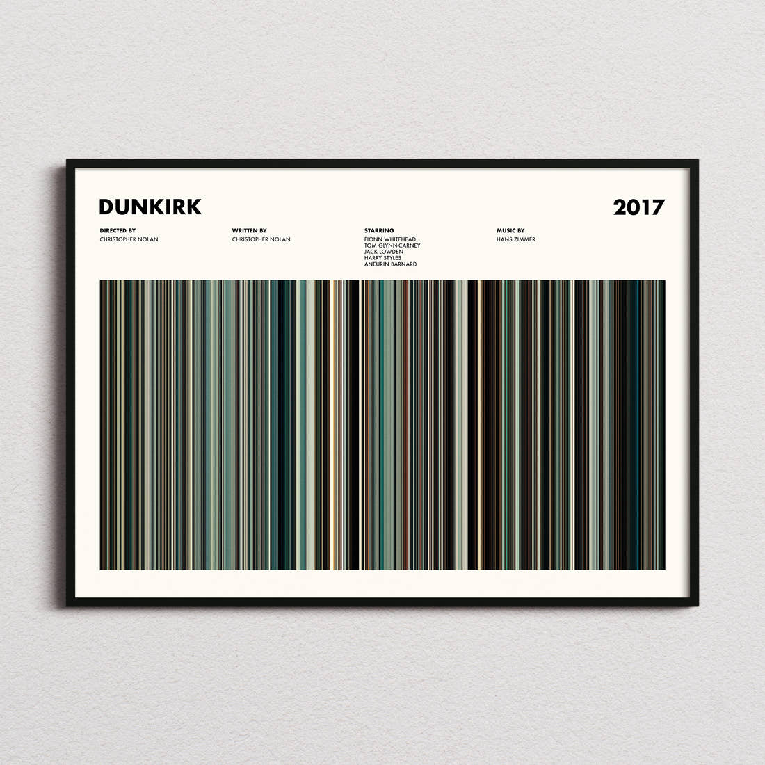 Dunkirk Movie Barcode Poster framed and photographed straight on