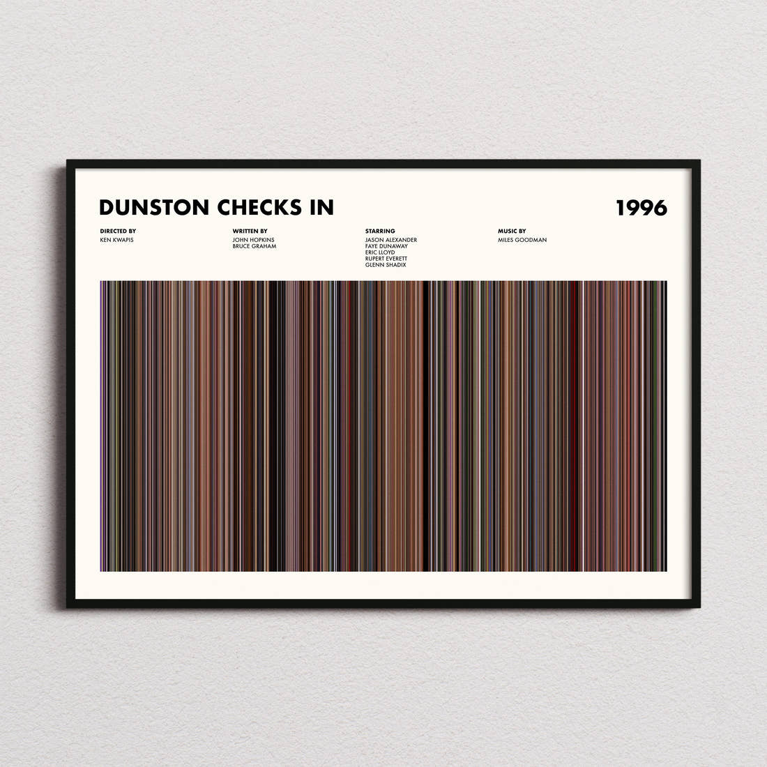Dunston Checks In Movie Barcode Poster framed and photographed straight on