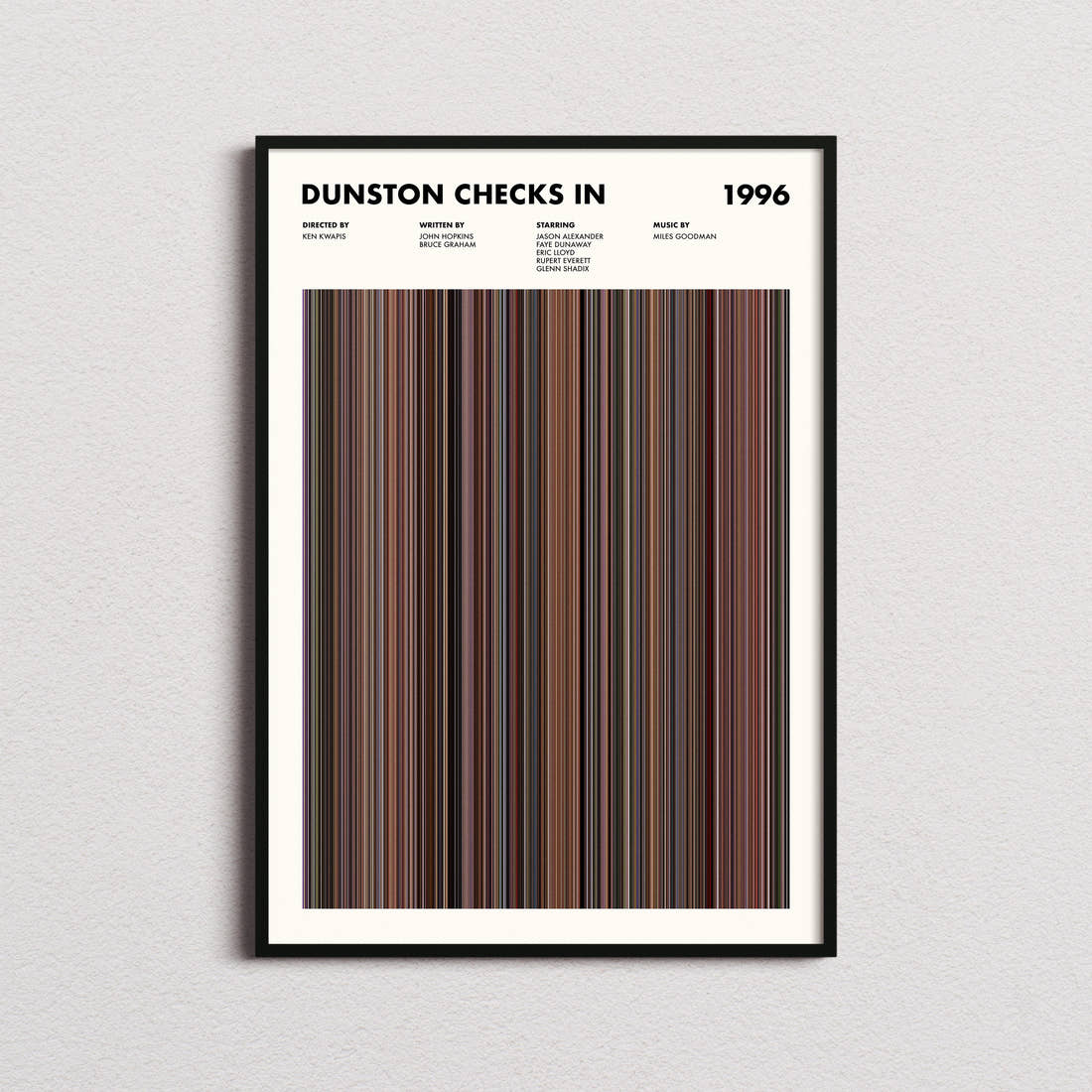 Dunston Checks In Movie Barcode Poster framed on a plain studio wall