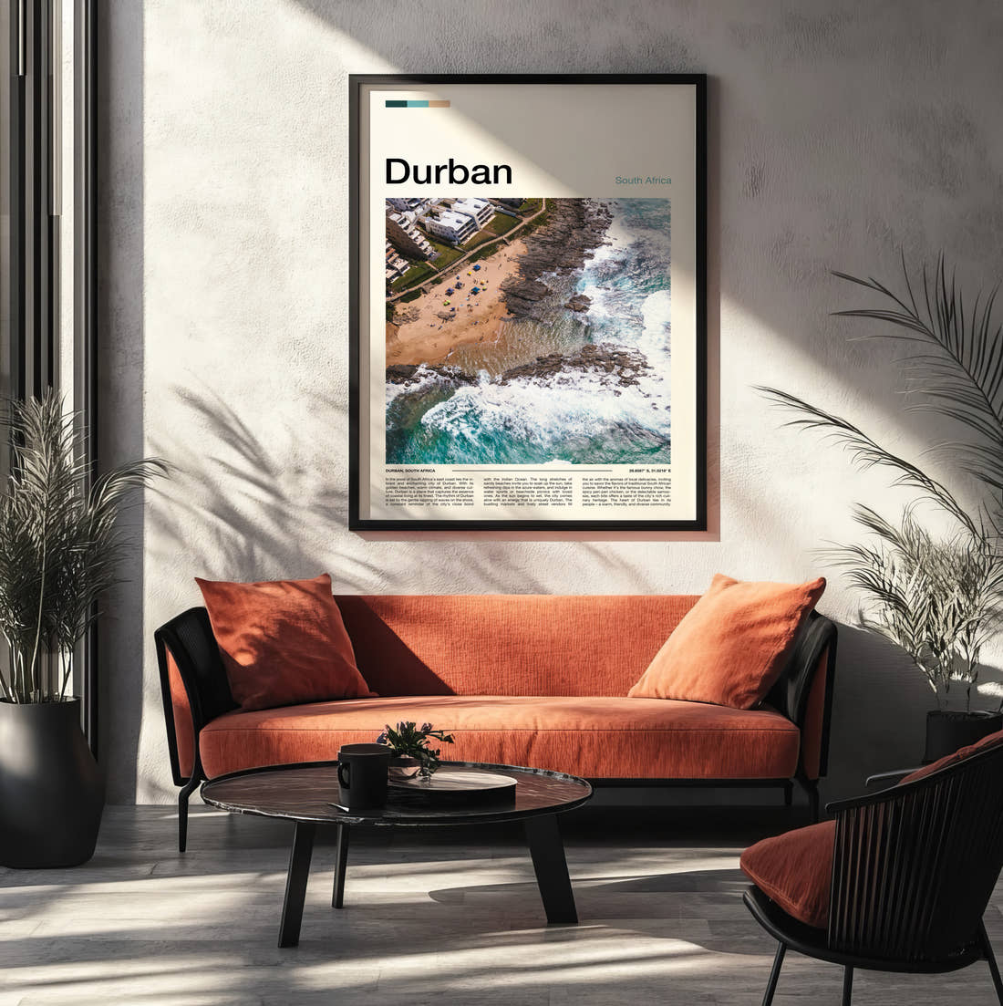 Durban Coastline From Above Travel Print framed on the wall of a modern living room