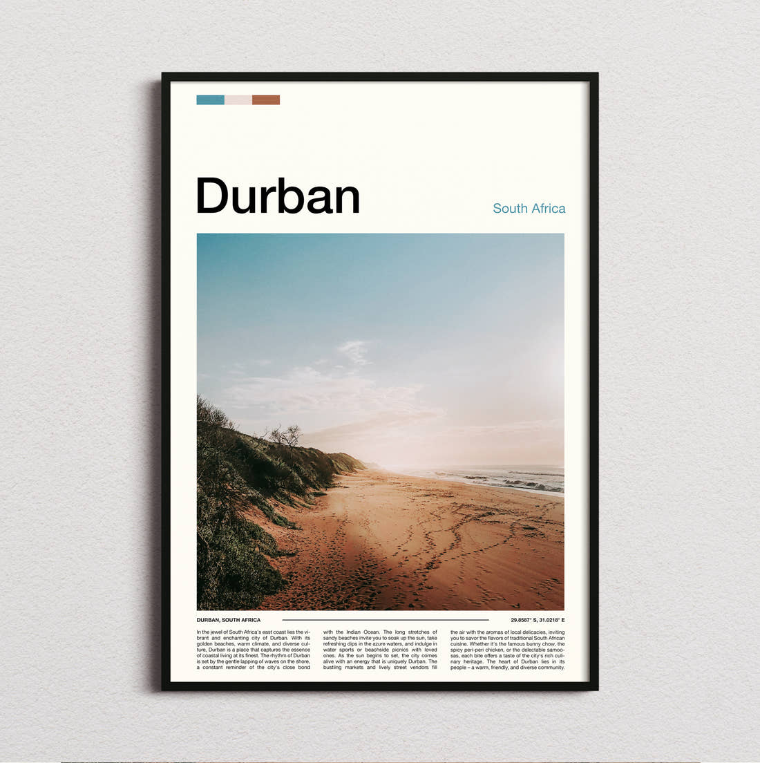 Durban Empty Beach Travel Print framed and photographed straight on