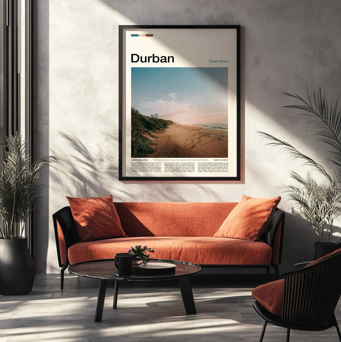 Durban Empty Beach Travel Print framed on the wall of a modern living room