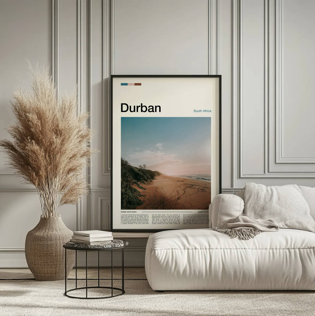 Durban Empty Beach Travel Print framed on the wall of a calm, neutral bedroom