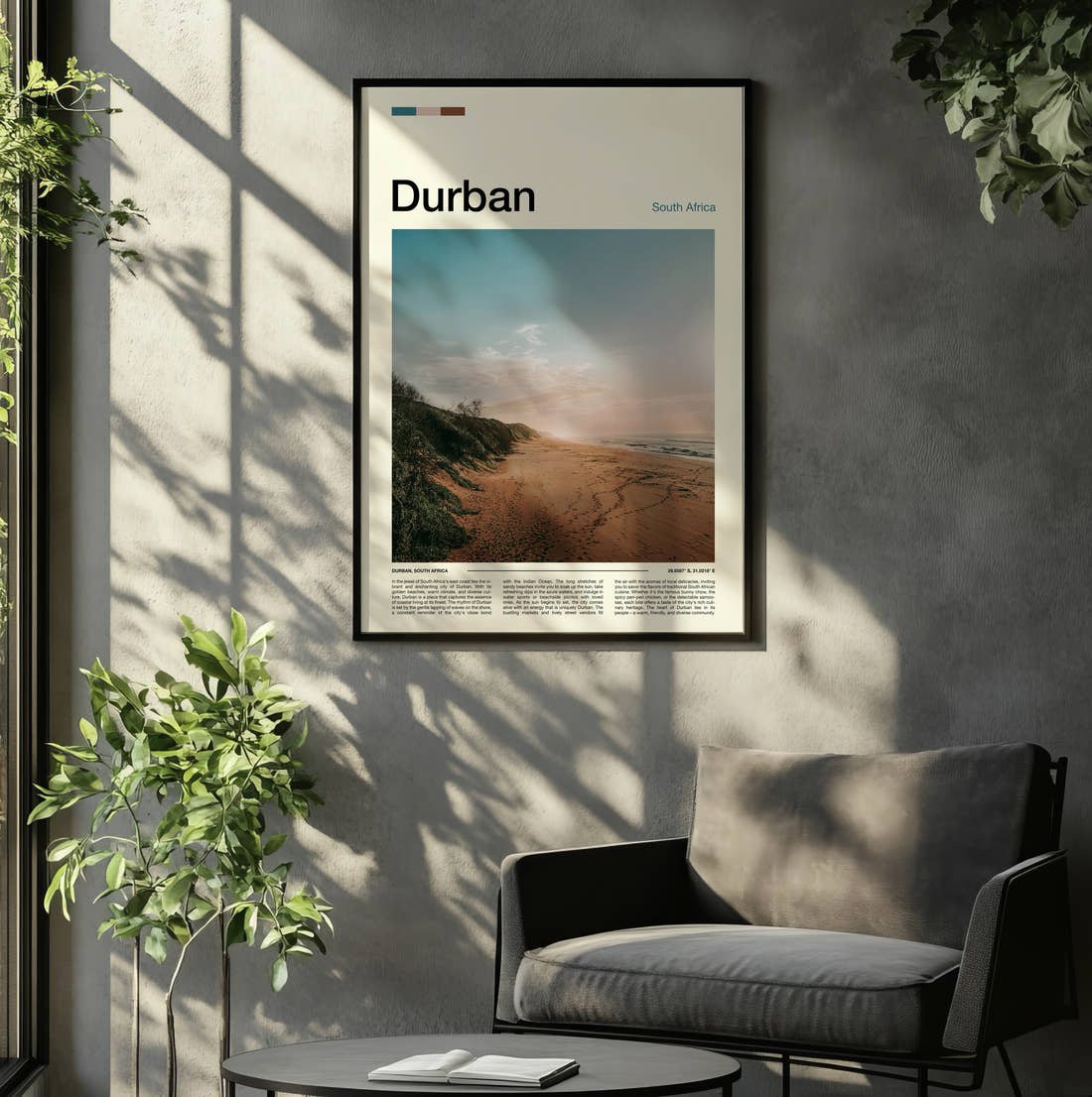 Durban Empty Beach Travel Print framed on the wall of a relaxed living room