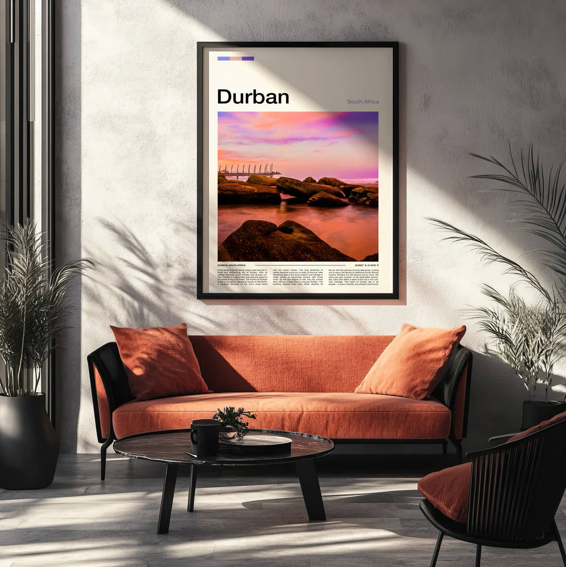 Durban Sunset Over The Rocks Travel Print framed on the wall of a modern living room