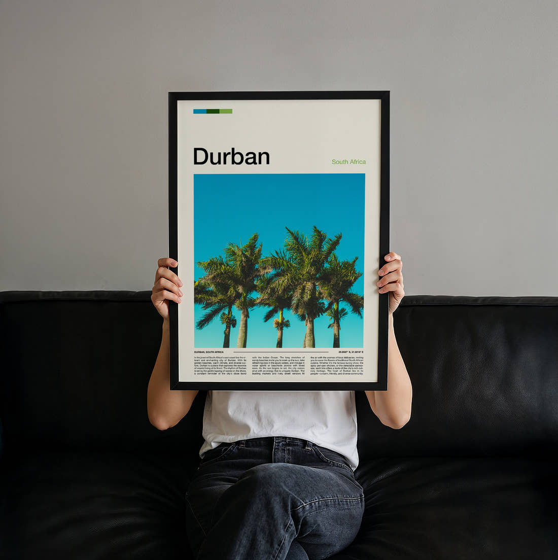 Durban Palm Trees Travel Print held up by hand to show the size of the print