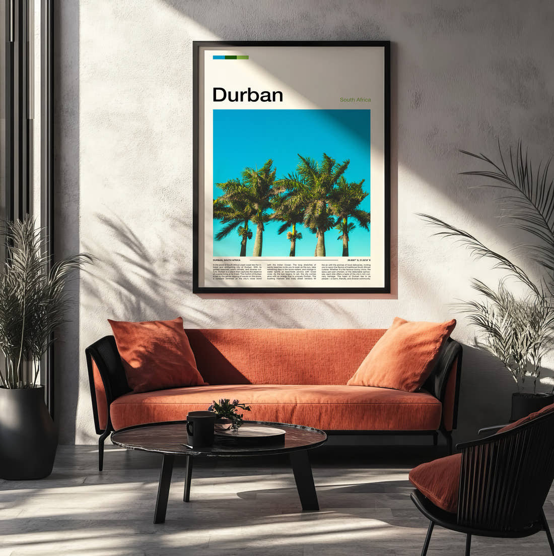 Durban Palm Trees Travel Print framed on the wall of a modern living room