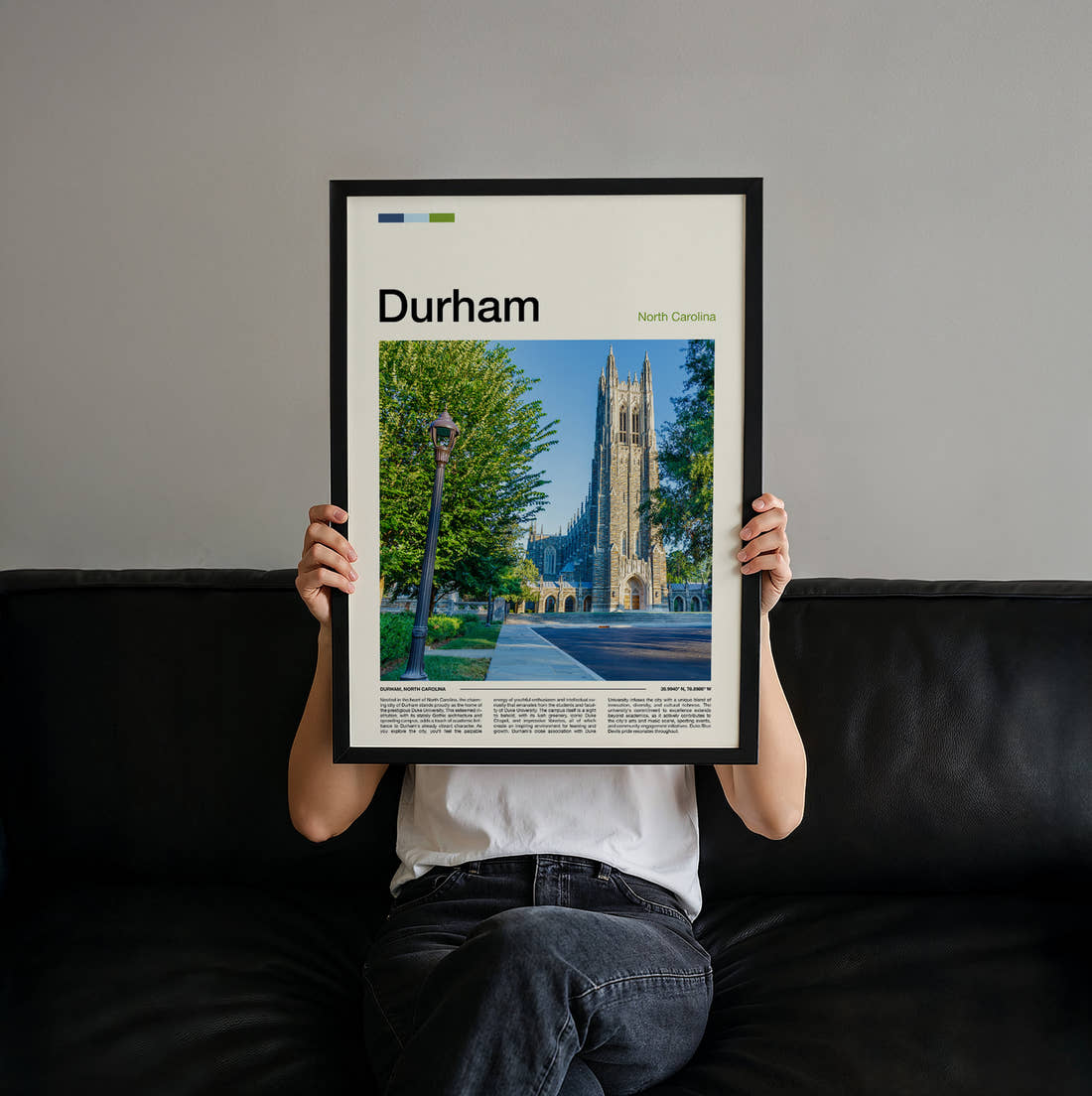 Durham Duke Chapel Travel Print held up by hand to show the size of the print