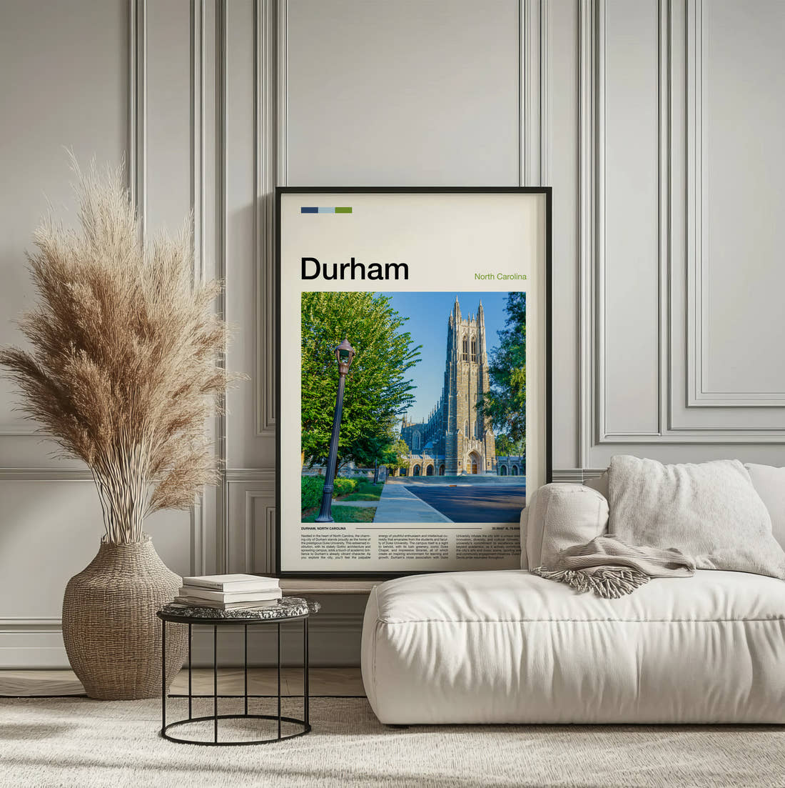 Durham Duke Chapel Travel Print framed on the wall of a calm, neutral bedroom