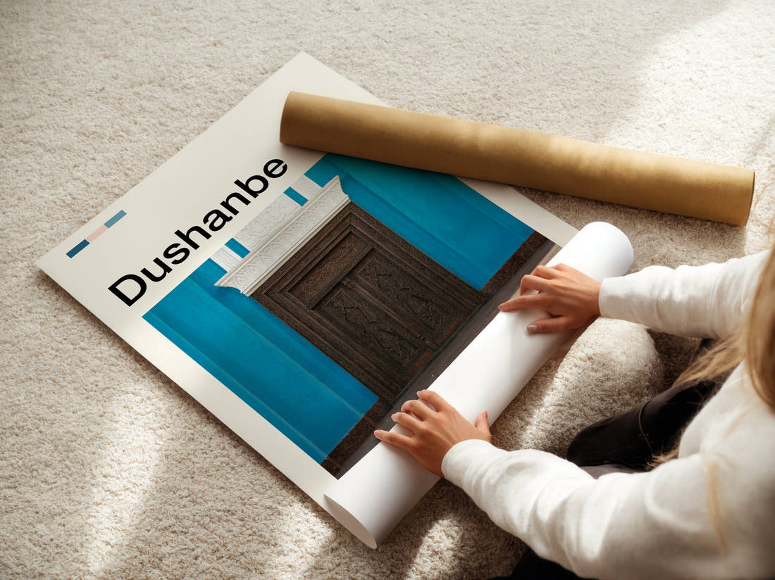 Dushanbe Carved Wooden Door Travel Print being unrolled from its postal tube
