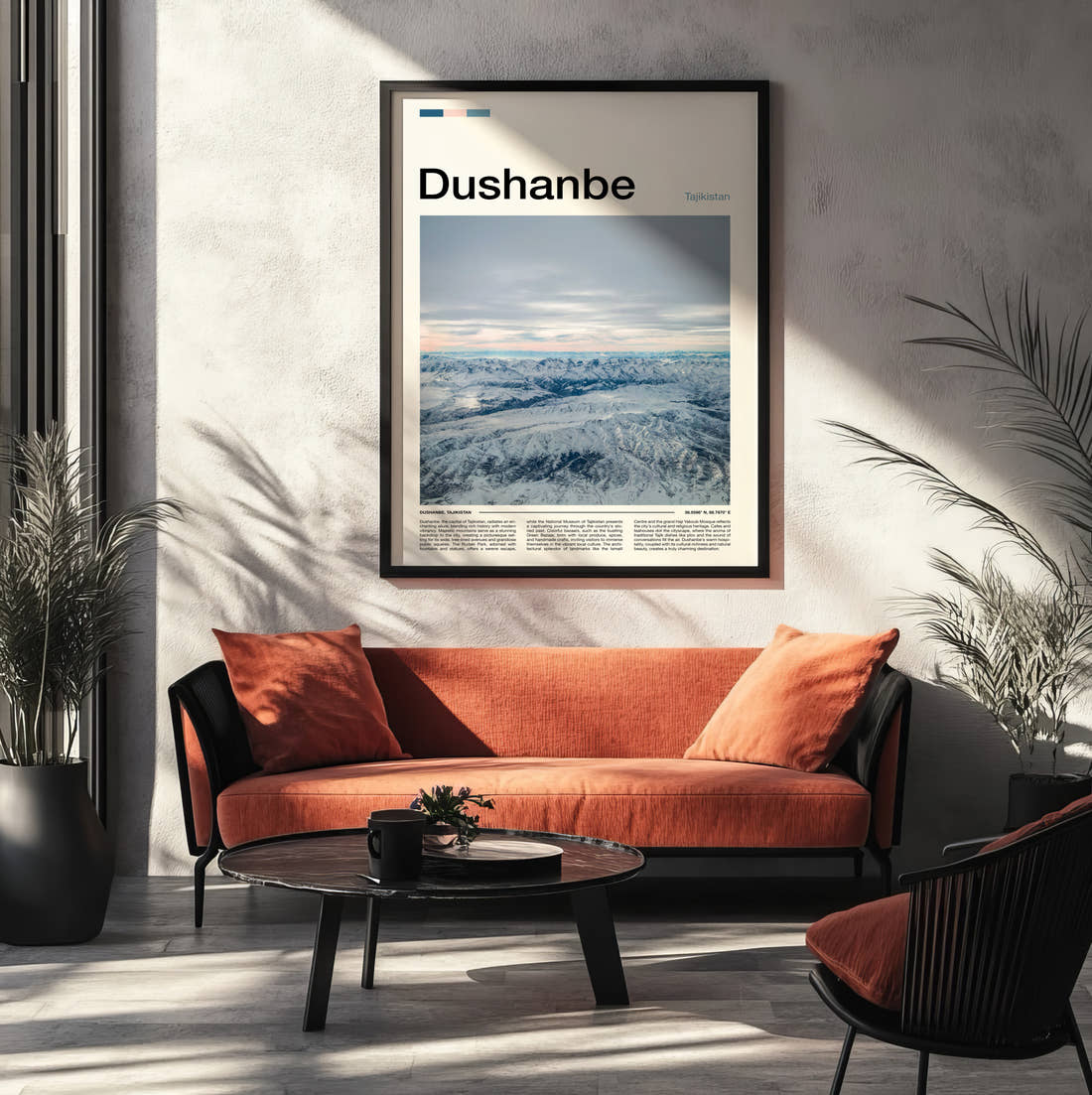 Dushanbe Snowy Mountains Travel Print framed on the wall of a modern living room