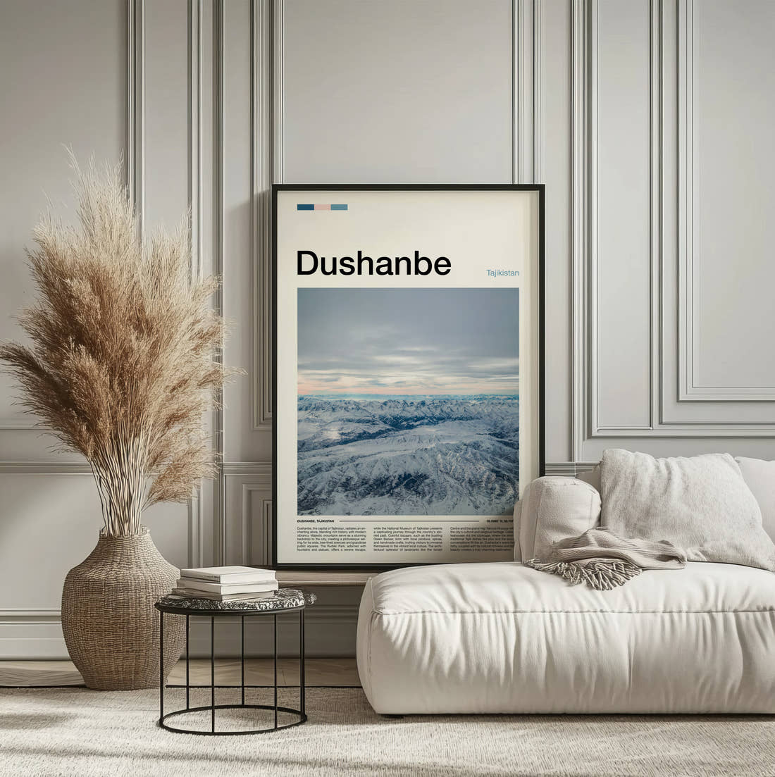 Dushanbe Snowy Mountains Travel Print framed on the wall of a calm, neutral bedroom