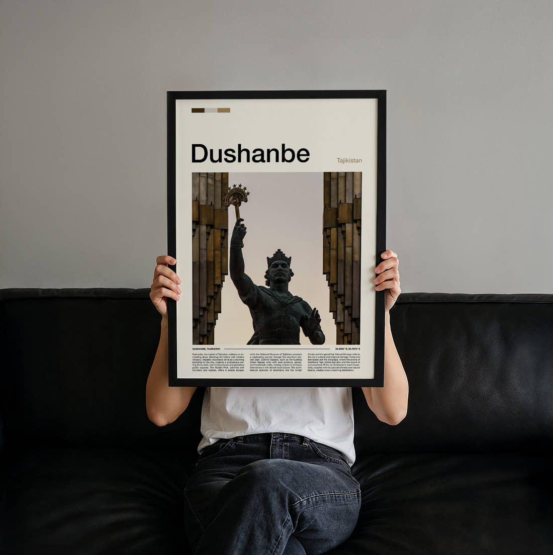 Dushanbe Ismoil Somoni Statue Travel Print held up by hand to show the size of the print