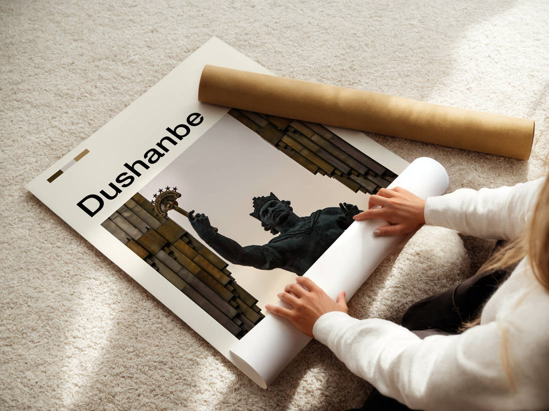 Dushanbe Ismoil Somoni Statue Travel Print being unrolled from its postal tube