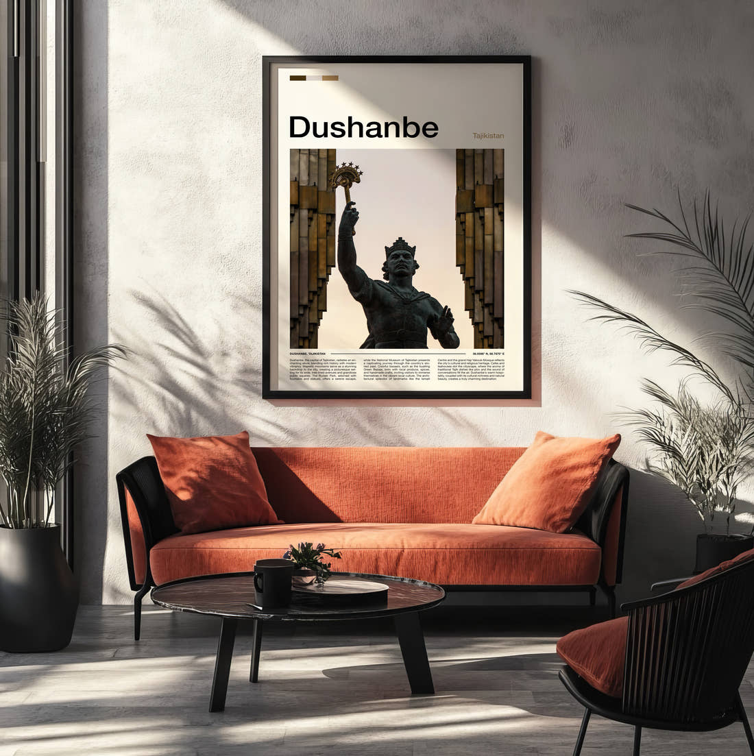 Dushanbe Ismoil Somoni Statue Travel Print framed on the wall of a modern living room