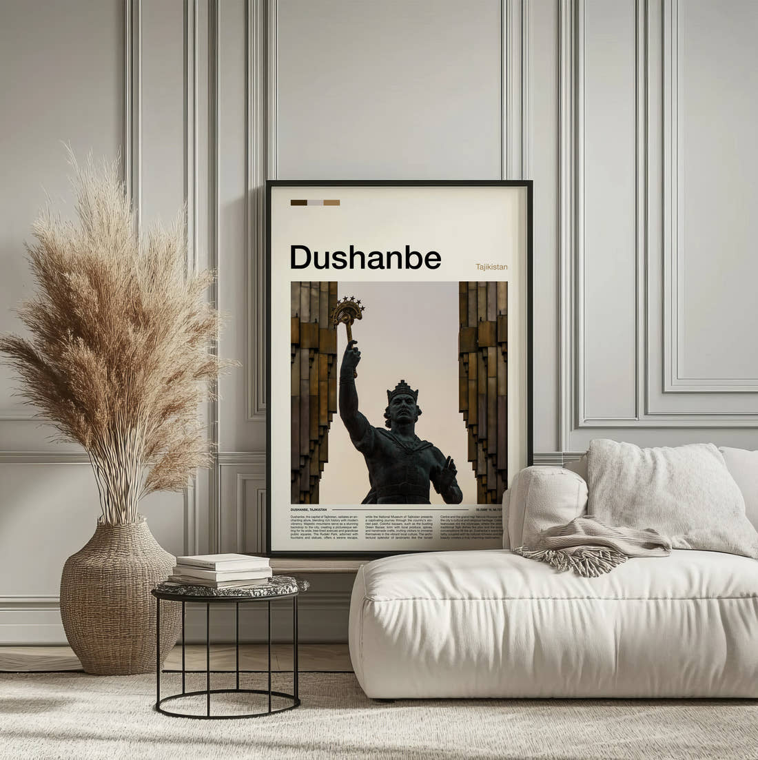 Dushanbe Ismoil Somoni Statue Travel Print framed on the wall of a calm, neutral bedroom