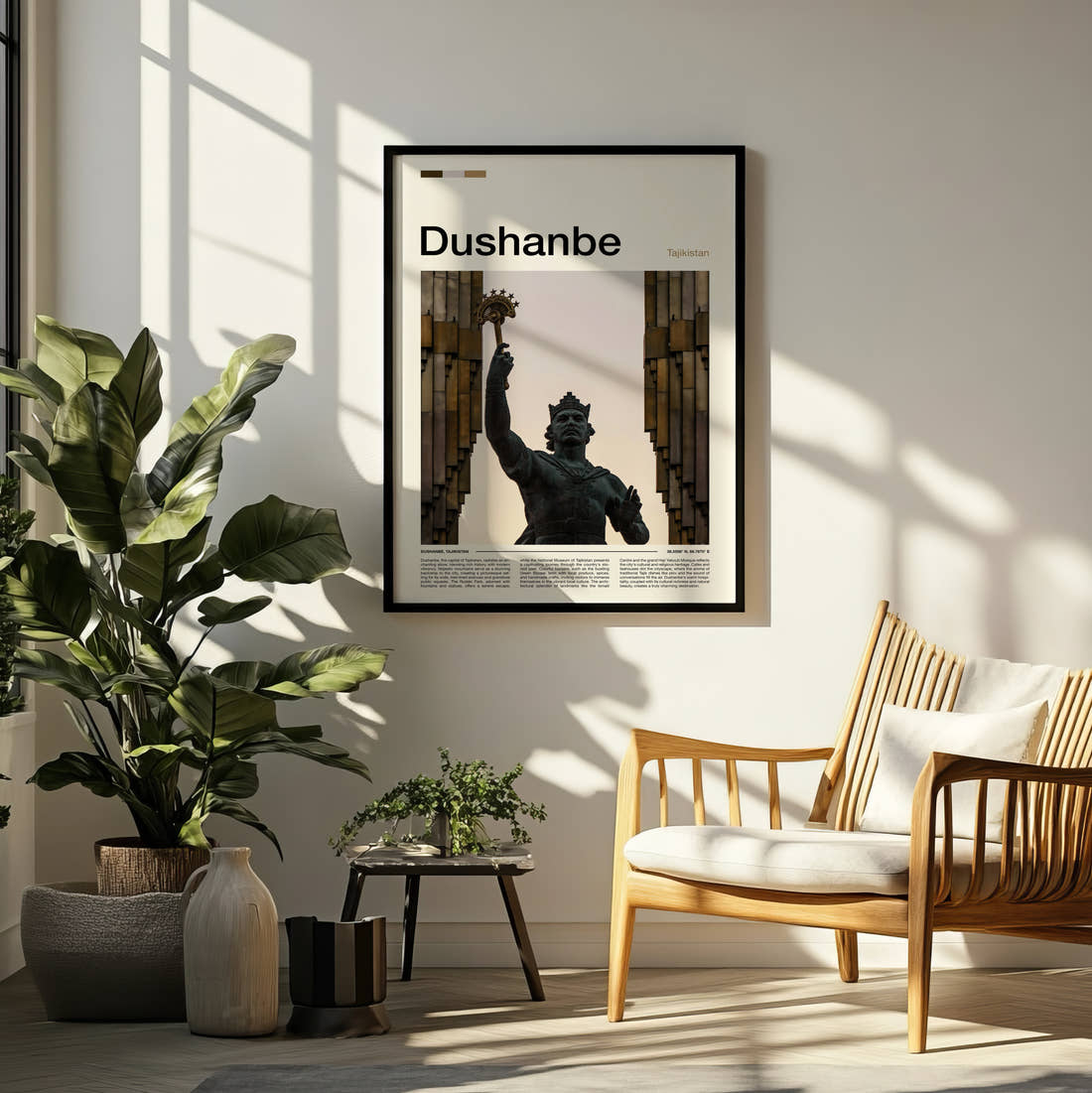 Dushanbe Ismoil Somoni Statue Travel Print framed on a pale wall beside houseplants
