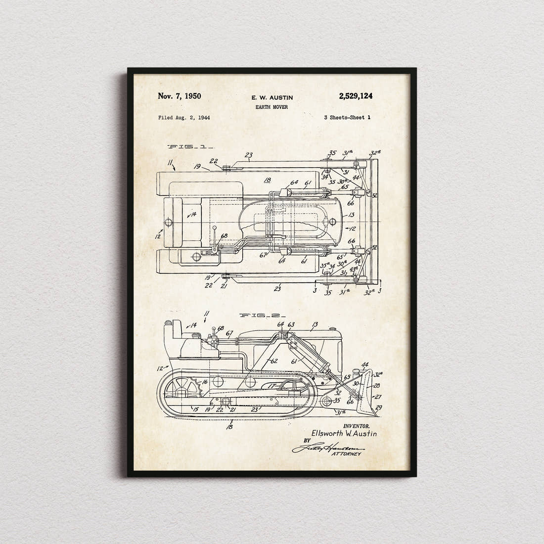 Earth Mover Patent Print in the aged paper colourway, framed