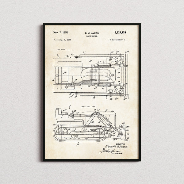 Earth Mover Patent Print in the aged paper colourway, framed