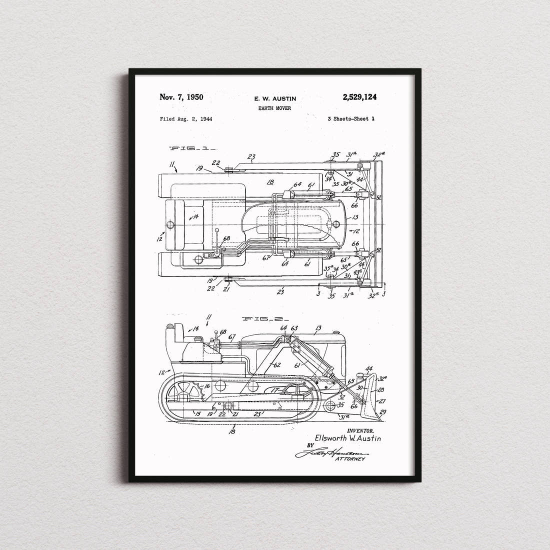 Earth Mover Patent Print in the white colourway, framed
