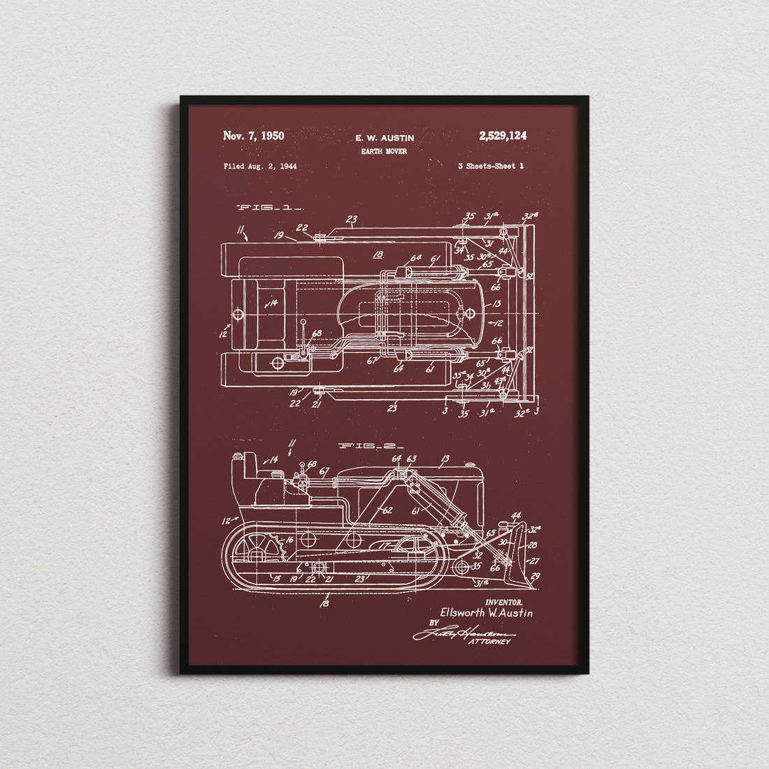 Earth Mover Patent Print in the burgundy colourway, framed