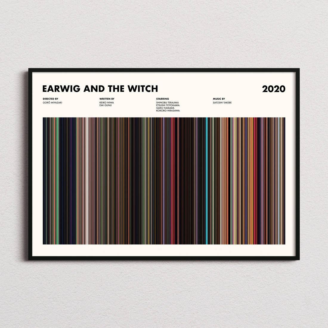 Earwig and the Witch Movie Barcode Poster framed and photographed straight on