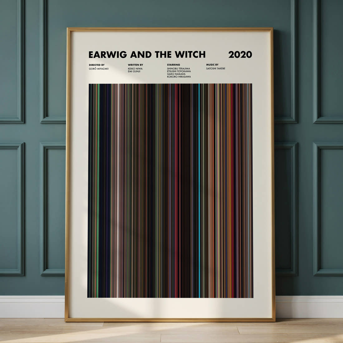 Earwig and the Witch Movie Barcode Poster framed and leaning against a panelled wall