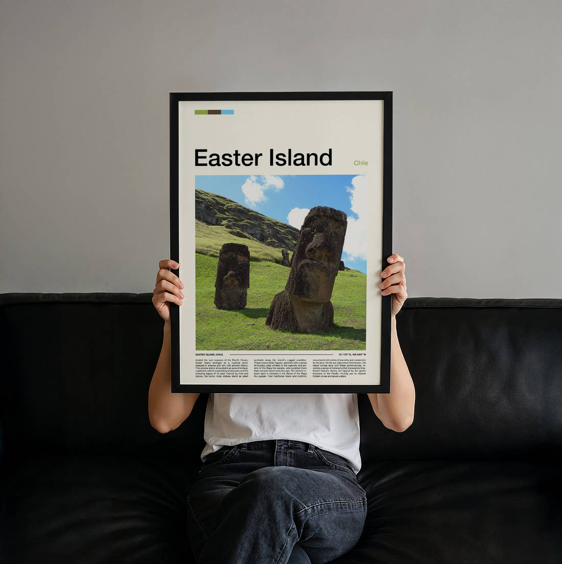 Easter Island Moai Statues On The Hillside Travel Print held up by hand to show the size of the print