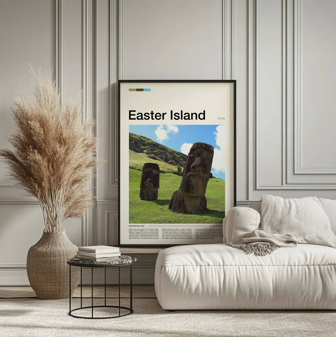 Easter Island Moai Statues On The Hillside Travel Print framed on the wall of a calm, neutral bedroom