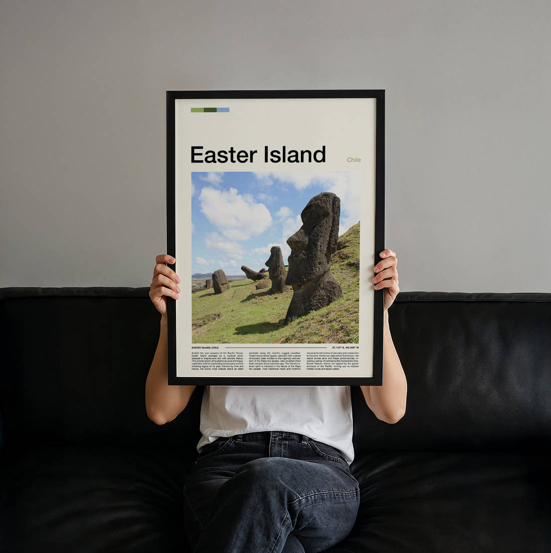 Easter Island Moai Statues In Profile Travel Print held up by hand to show the size of the print