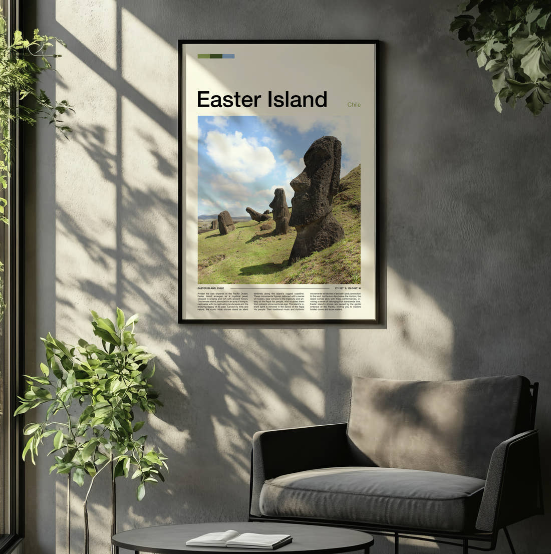 Easter Island Moai Statues In Profile Travel Print framed on the wall of a relaxed living room