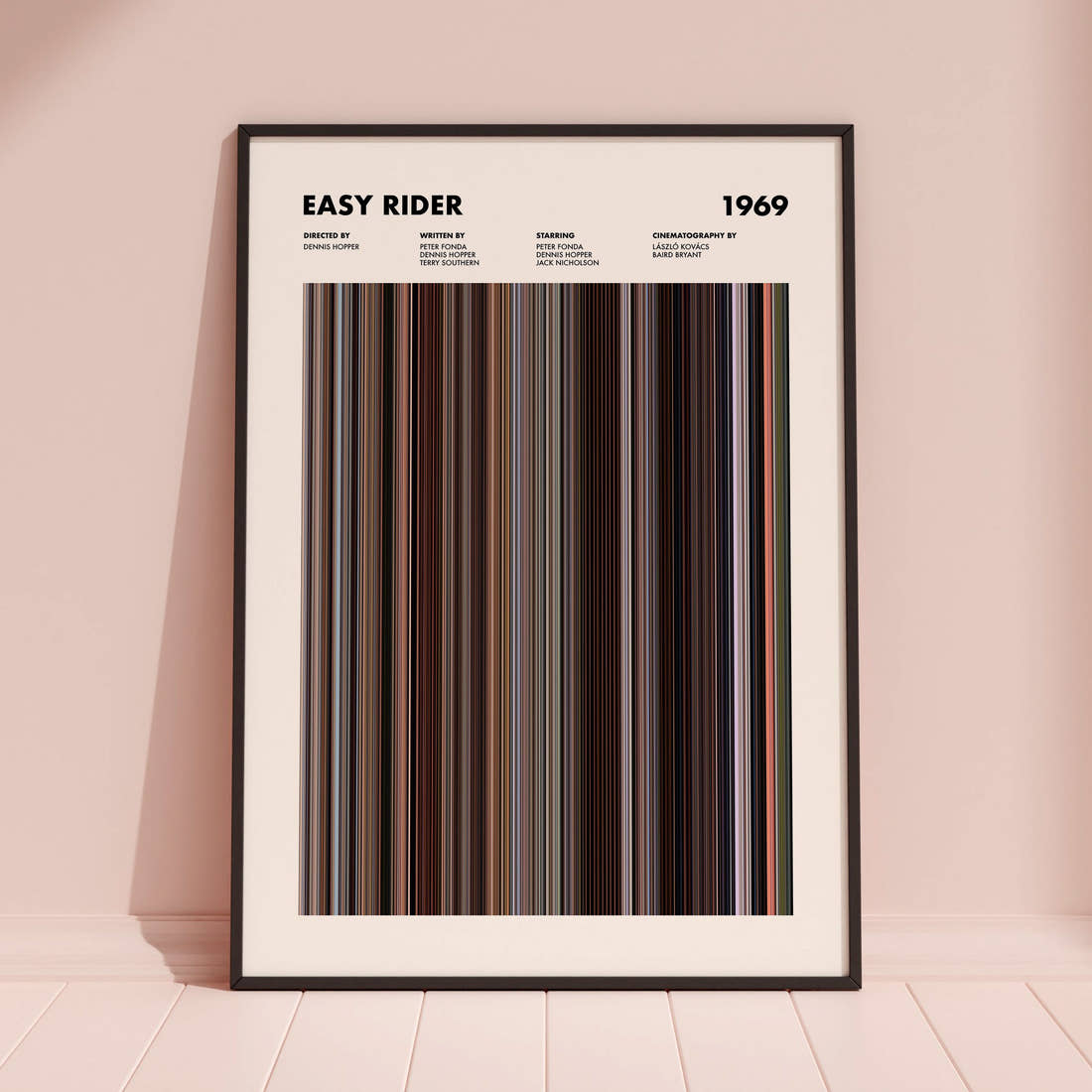 Easy Rider Movie Barcode Poster framed and leaning against a coloured wall