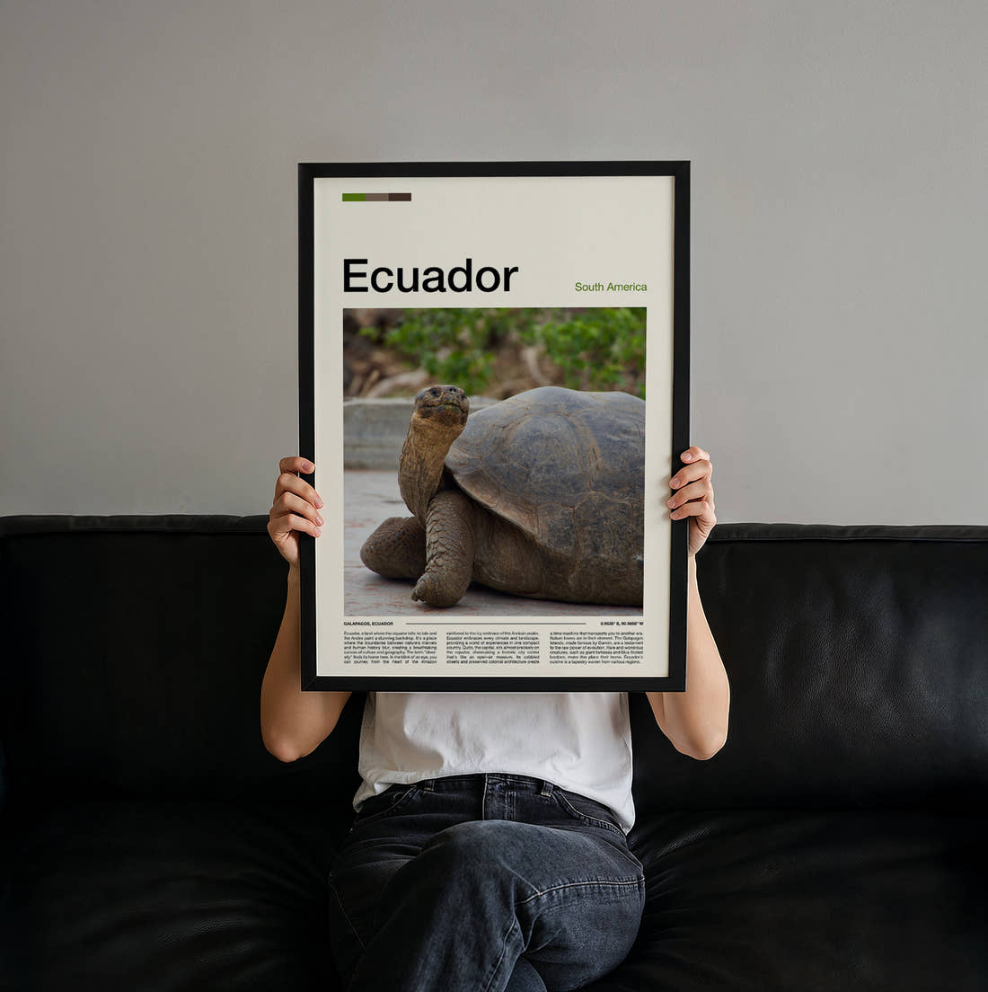Ecuador Giant Tortoise Travel Print held up by hand to show the size of the print