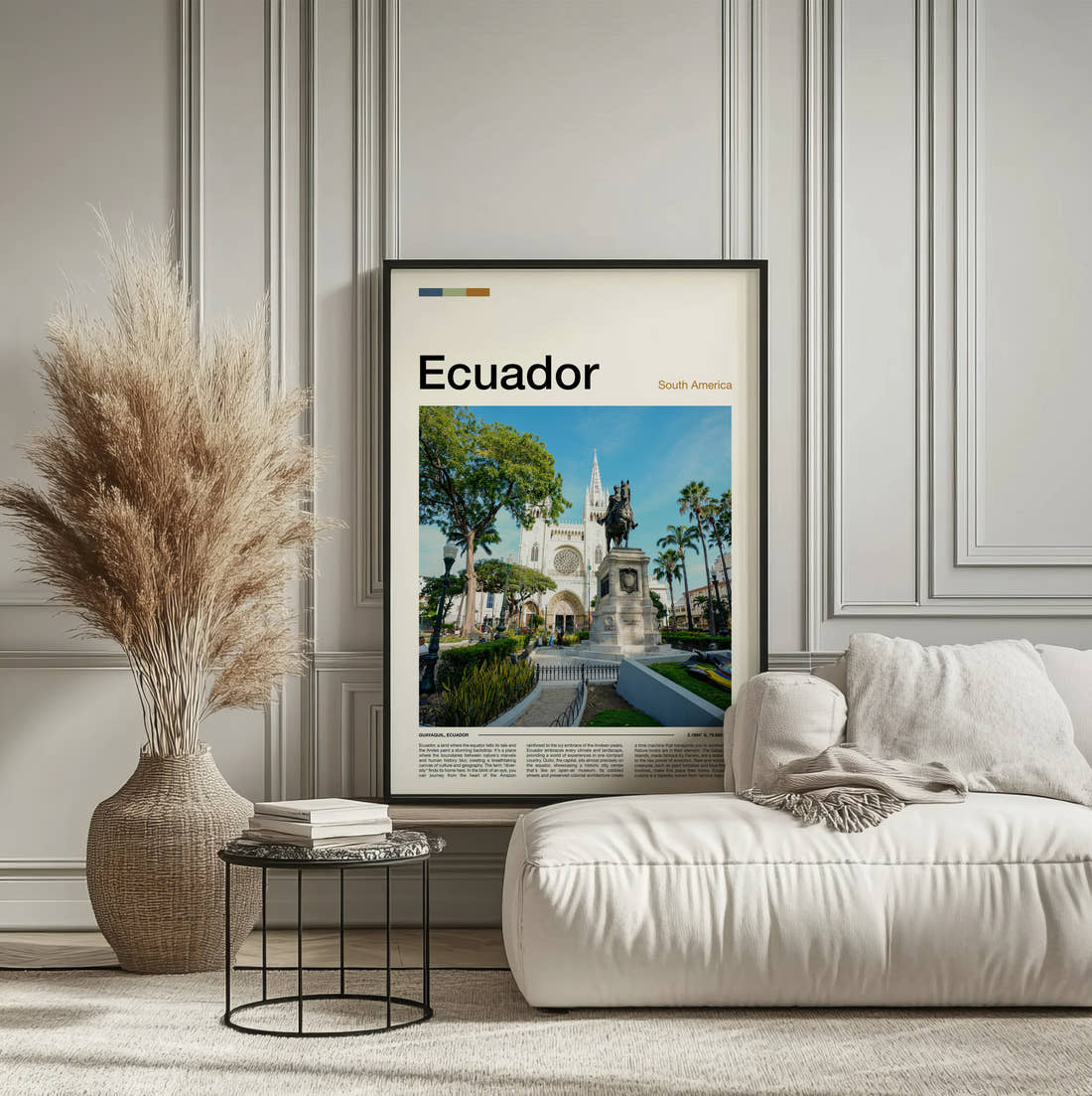 Ecuador Equestrian Statue Travel Print framed on the wall of a calm, neutral bedroom